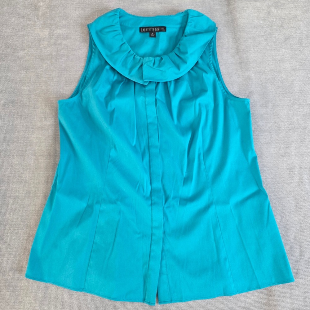Lafayette 148 New York Ruffle Collar Blouse Womens 6 Teal Sleeveless Career Wear